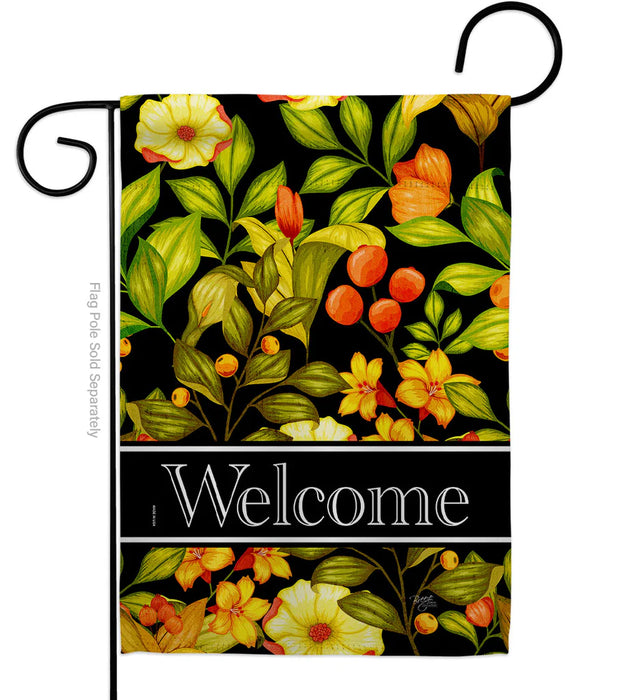 Decorative garden flag with yellow and orange flowers and 'Welcome' text on a black background