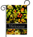 Decorative garden flag with yellow and orange flowers and 'Welcome' text on a black background