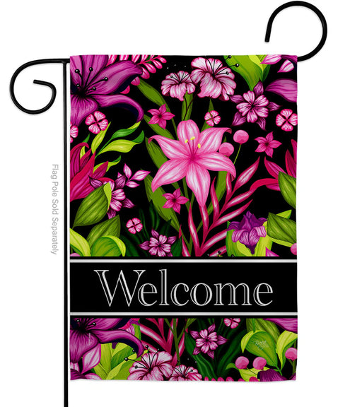 Decorative garden flag with pink flowers and 'Welcome' text on a black background