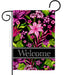 Decorative garden flag with pink flowers and 'Welcome' text on a black background