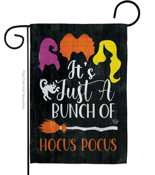 Halloween-themed garden flag with colorful text and graphics on a black background