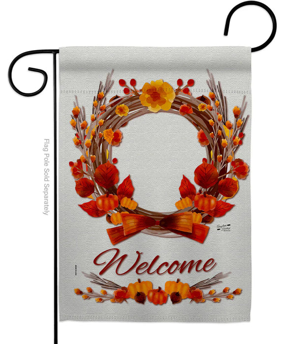 Decorative garden flag with autumn wreath and 'Welcome' text on a white background