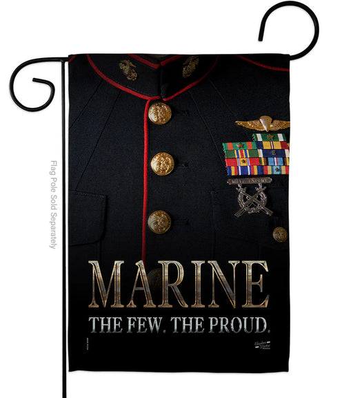 Decorative flag with a military uniform design and 'Marine The Few. The Proud.' text.
