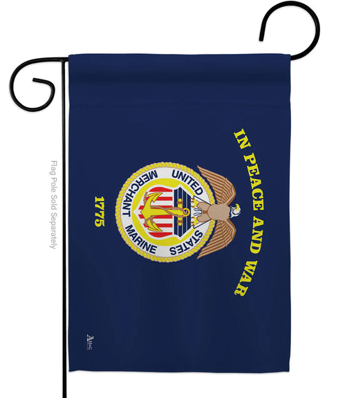 Blue flag with U.S. Merchant Marines emblem and text 'In Peace and War - 1775'
