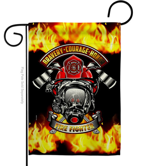 Firefighter-themed garden flag with helmet, flames, and text on a black background