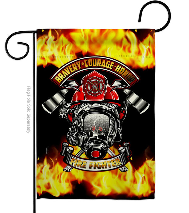 Firefighter-themed garden flag with helmet, flames, and text on a black background