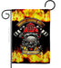 Firefighter-themed garden flag with helmet, flames, and text on a black background