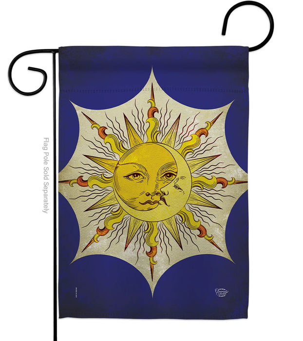 Decorative flag with a sun and crescent moon design on a blue background