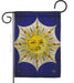Decorative flag with a sun and crescent moon design on a blue background