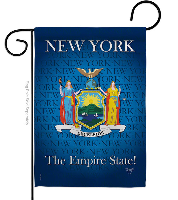 New York state garden flag with emblem and text on a blue background