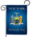 New York state garden flag with emblem and text on a blue background