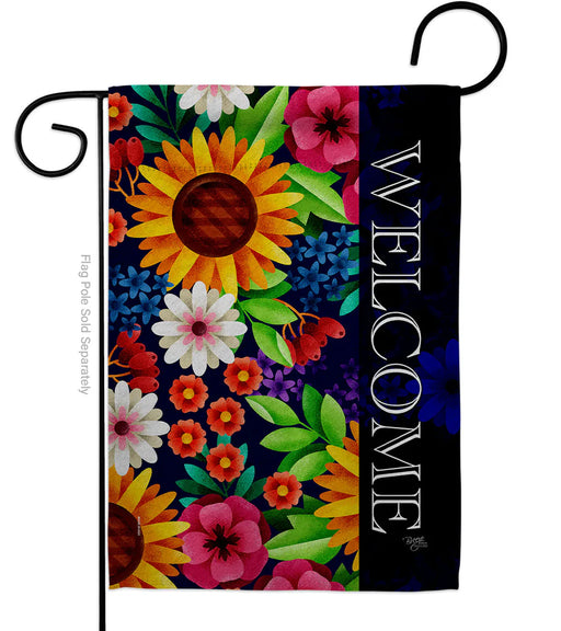 Decorative garden flag with colorful flowers and the word 'Welcome' on a black background