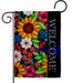 Decorative garden flag with colorful flowers and the word 'Welcome' on a black background