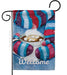 Decorative flag with a cup of hot chocolate, marshmallows, and colorful striped scarf and mittens with the word 'Welcome'.