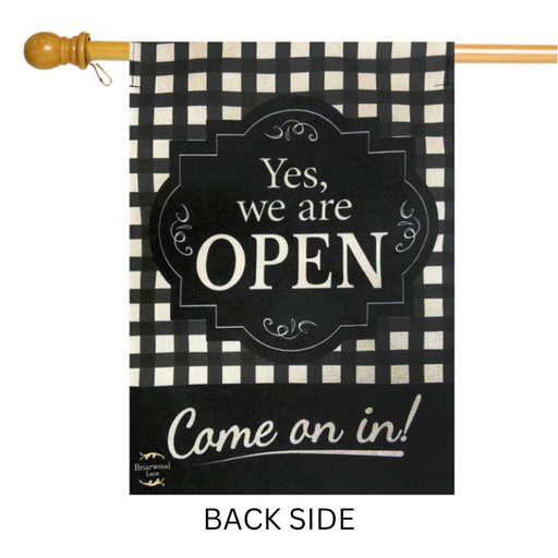 We Are Open Burlap Banner Flag