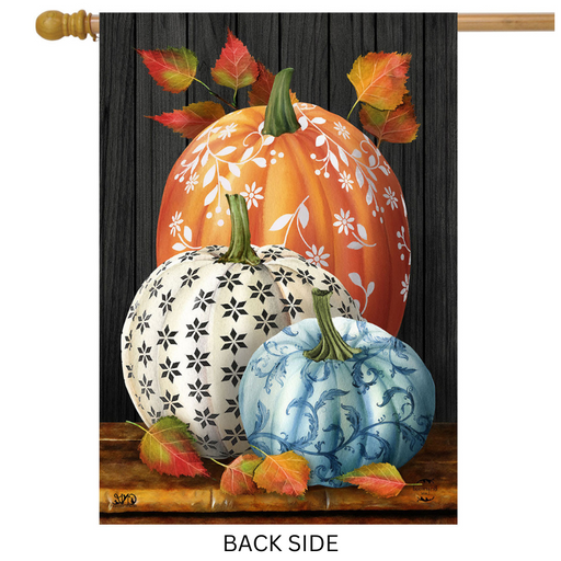 Decorative flag with pumpkins and leaves on a wooden look background