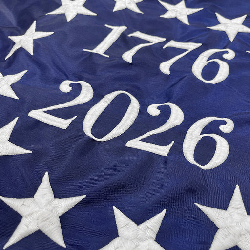 Betsy Ross 1776 - 2026 commemorative flag embroidery close up