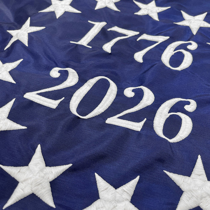 Betsy Ross 1776 - 2026 commemorative flag embroidery close up