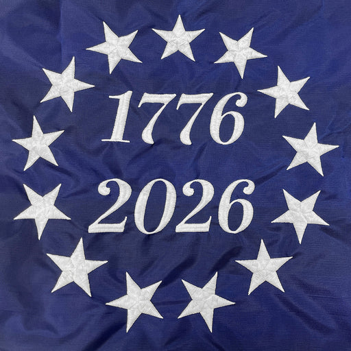 Betsy Ross 1776 - 2026 commemorative flag embroidery close up