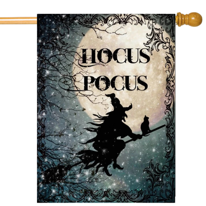 Decorative flag with 'Hocus Pocus' text, witch on broom, and cat against a moonlit sky background.