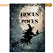Decorative flag with 'Hocus Pocus' text, witch on broom, and cat against a moonlit sky background.