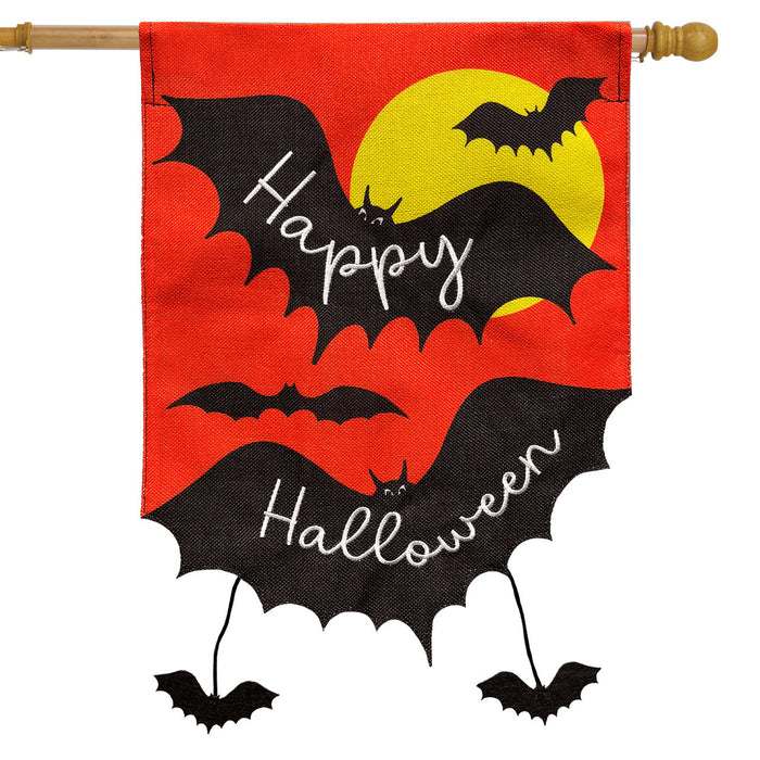 Halloween-themed decorative flag with bats and a full moon on a orange background.