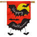 Halloween-themed decorative flag with bats and a full moon on a orange background.