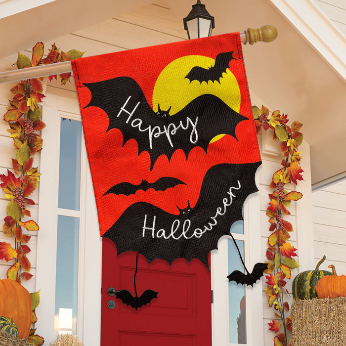 Halloween-themed decorative flag with bats and a full moon on a orange background.