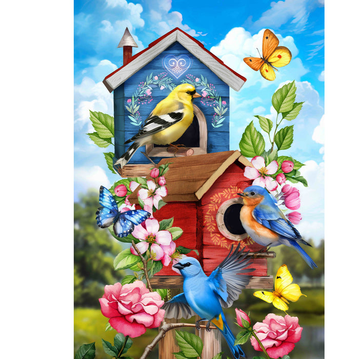 Floral Birdhouses Banner Flag