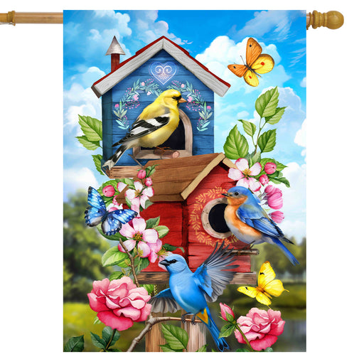 Floral Birdhouses Banner Flag