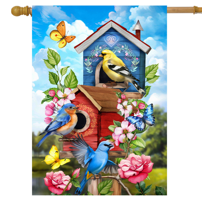 Floral Birdhouses Banner Flag