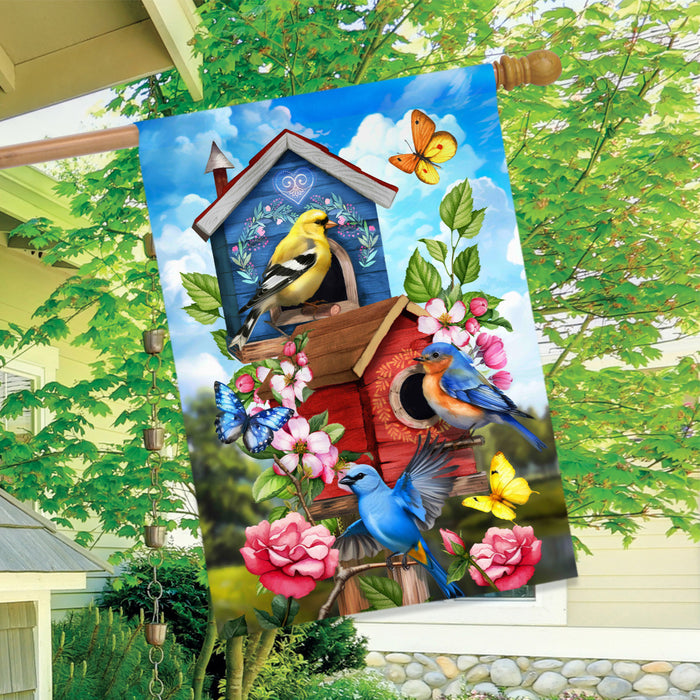 Floral Birdhouses Banner Flag