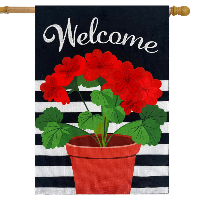 Potted Red Geraniums Burlap Banner Flag