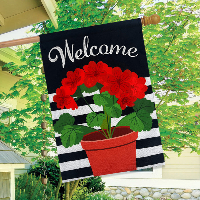Potted Red Geraniums Burlap Banner Flag