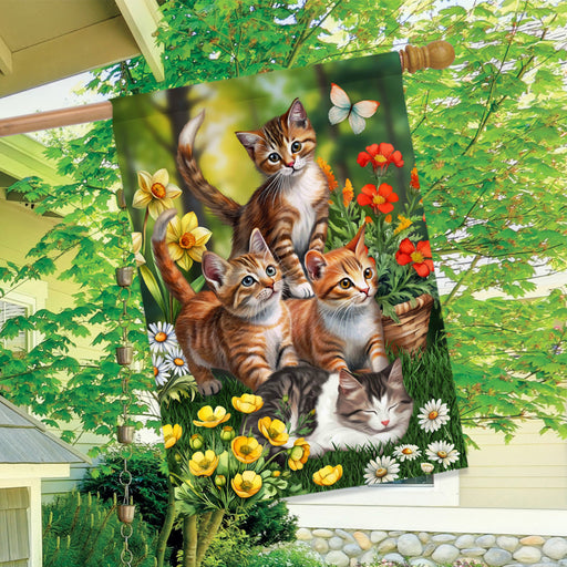 Kittens in Garden Banner Flag