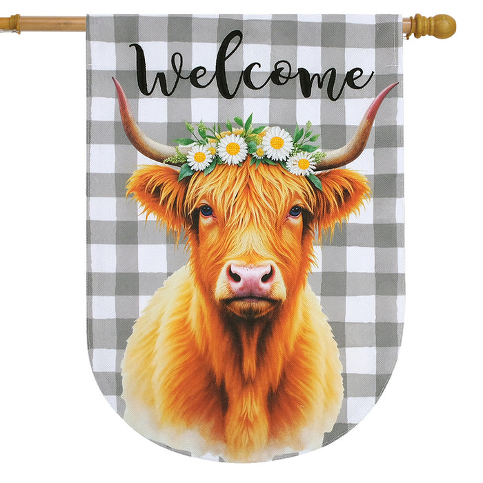 Checkered Hyland Cow Burlap Banner Flag