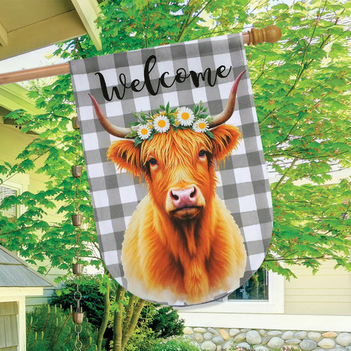Checkered Hyland Cow Burlap Banner Flag