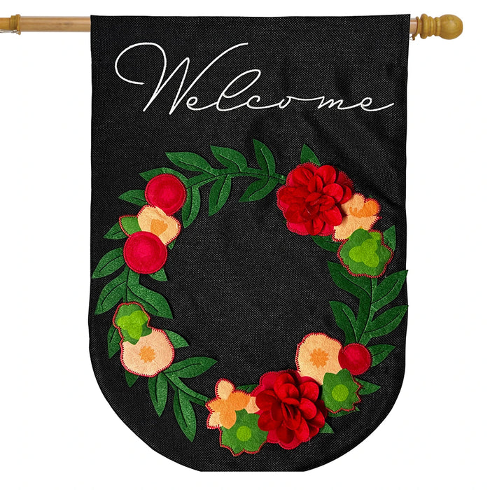 Dark Floral Wreath Burlap Banner Flag