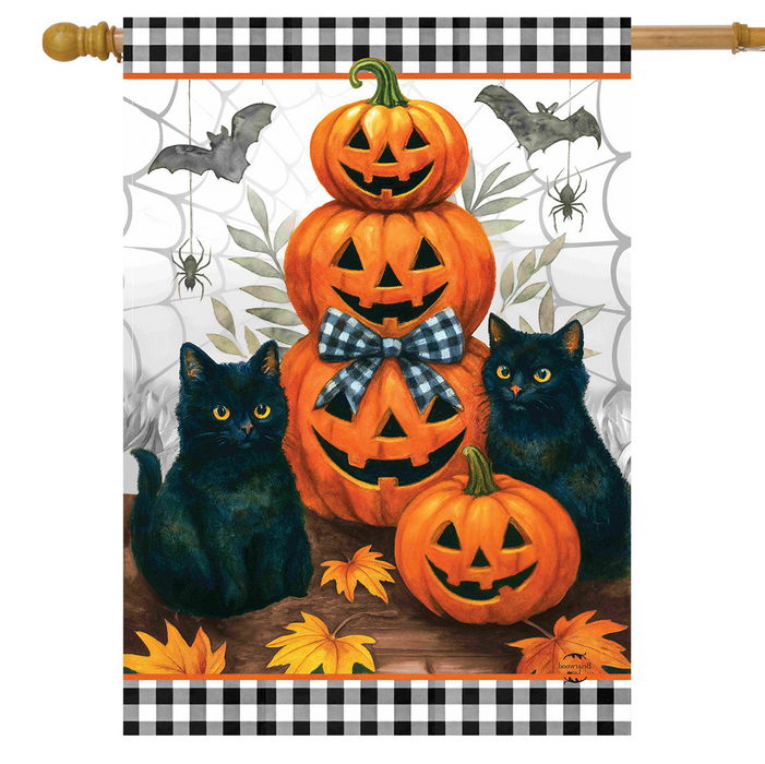Black Cat Pumpkin Stack Banner Flag