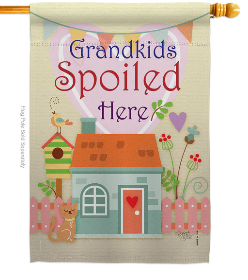 Decorative banner with a house, cat, and birdhouse design, featuring the text 'Grandkids Spoiled Here'.