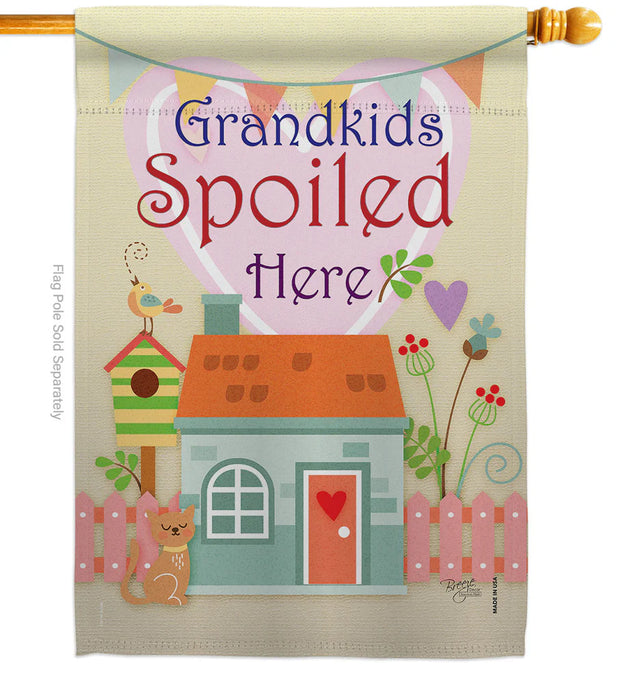Decorative banner with a house, cat, and birdhouse design, featuring the text 'Grandkids Spoiled Here'.