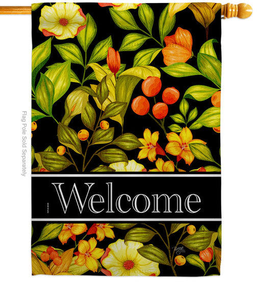 Decorative banner flag with yellow and orange flowers and 'Welcome' text on a black background