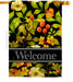Decorative banner flag with yellow and orange flowers and 'Welcome' text on a black background