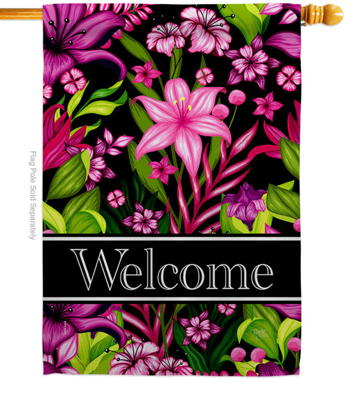 Decorative flag with pink flowers and green leaves on a black background with 'Welcome' text.