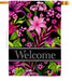 Decorative flag with pink flowers and green leaves on a black background with 'Welcome' text.