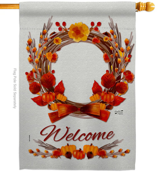Decorative fall-themed banner with a wreath, pumpkins, and the word 'Welcome' on a white background.