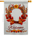 Decorative fall-themed banner with a wreath, pumpkins, and the word 'Welcome' on a white background.