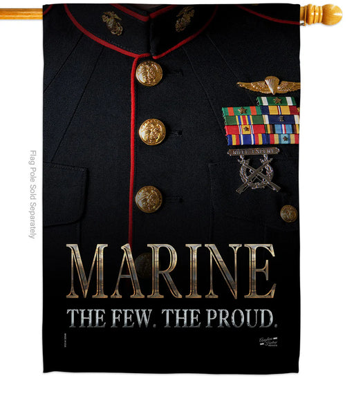Decorative flag with a military uniform design and 'Marine The Few. The Proud.' text.