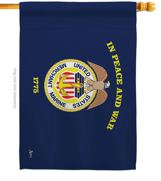 Blue flag with U.S. Merchant Marines emblem and text 'In Peace and War - 1775'