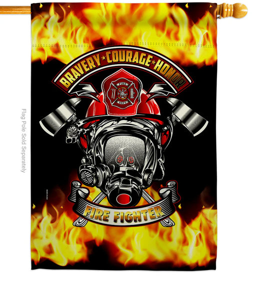 Firefighter-themed banner flag with helmet, flames, and text on a black background